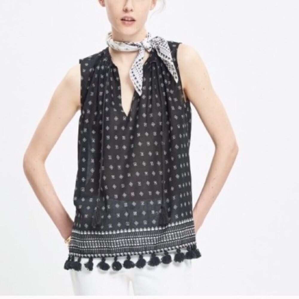 Madewell Scatterblock Tassel Top Women’s Size Large Black Lightweight Geo Print